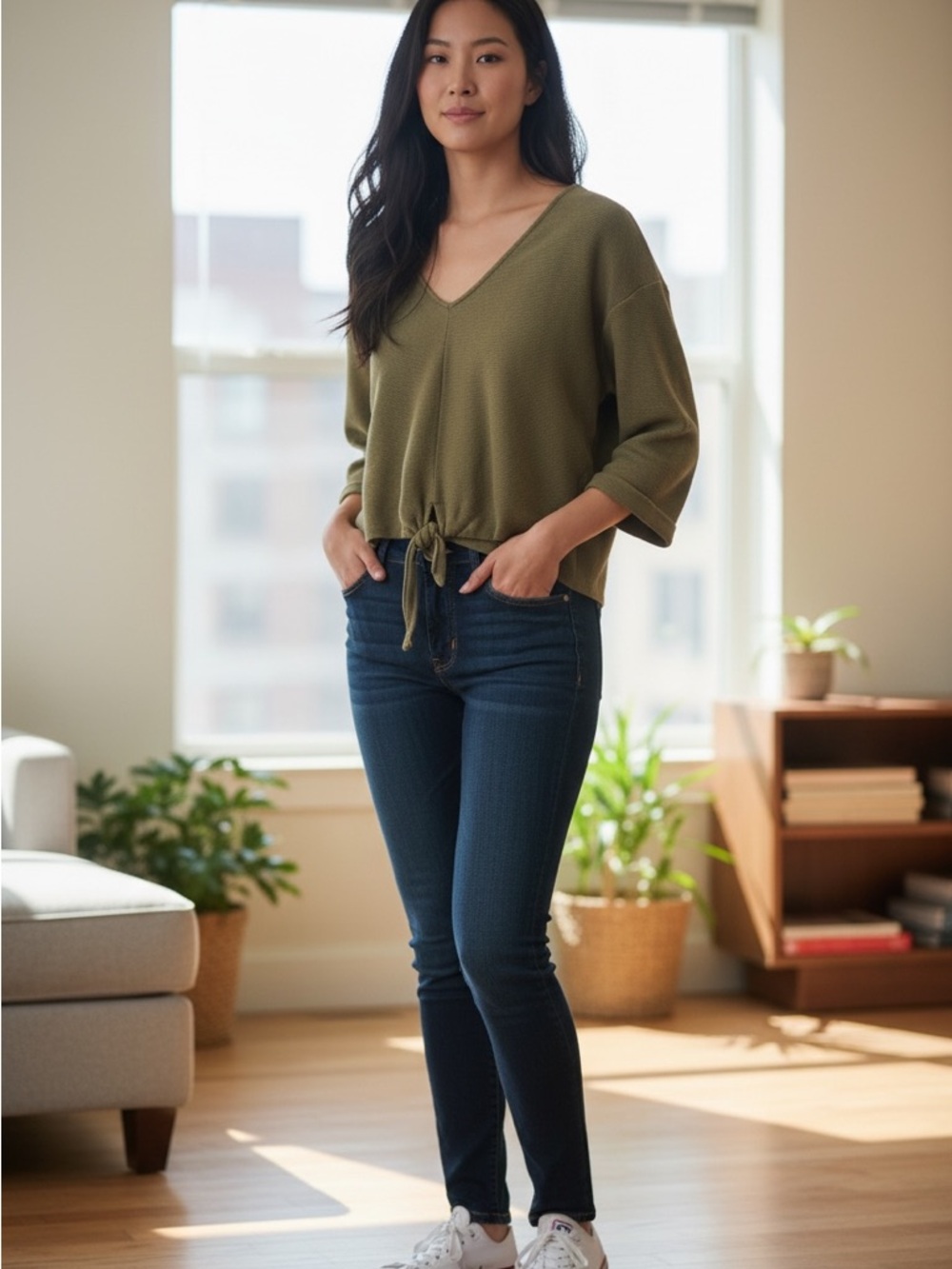 Olive V-Neck Tie-Front Sweater Top